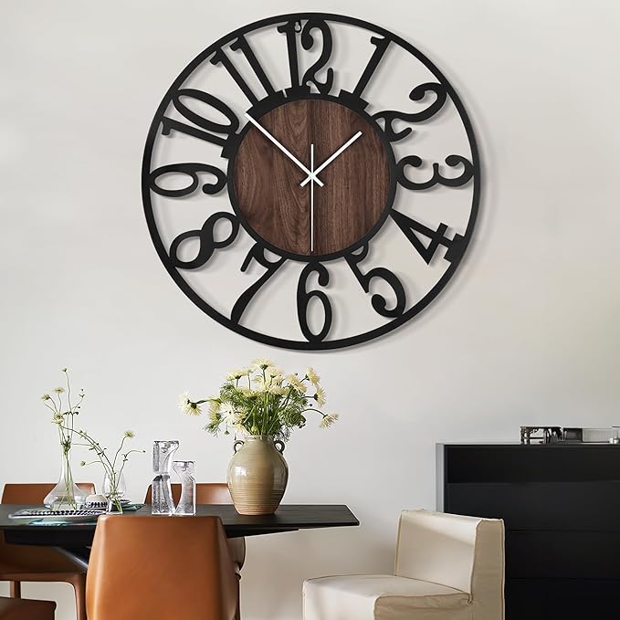LEIKE 32" Oversized Large Wall Clocks,Silent,Non Ticking,Battery Operated Modern Round Big Wood Decorative Metal Wall Clock for Living Room, Bedroom,Kitchen,Farmhouse,Office Decor - Black,32 Inch