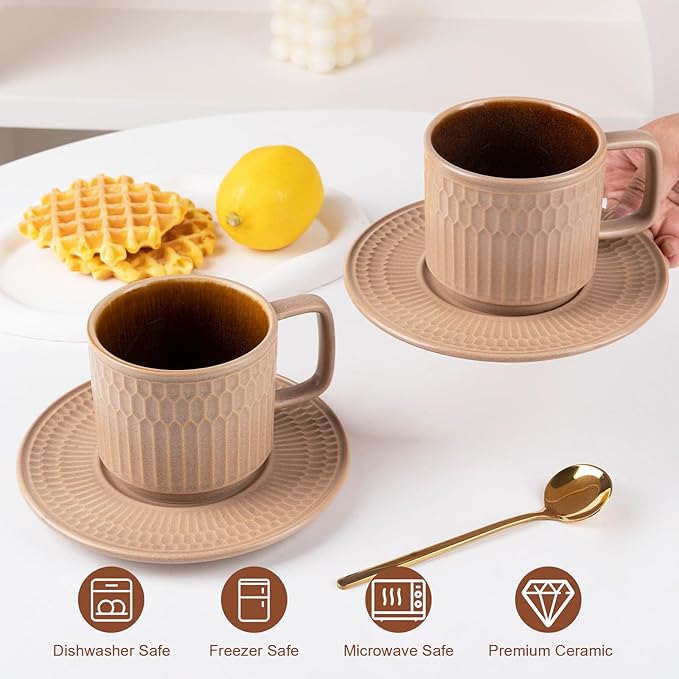 Large Cappuccino Cups with Saucers Set of 4, 8 Ounce Stackable Embossed Ceramic Coffee Mugs for Specialty Coffee Drinks, Latte, Cafe Mocha and Tea, Dishwasher & Microwave Safe (Brown)