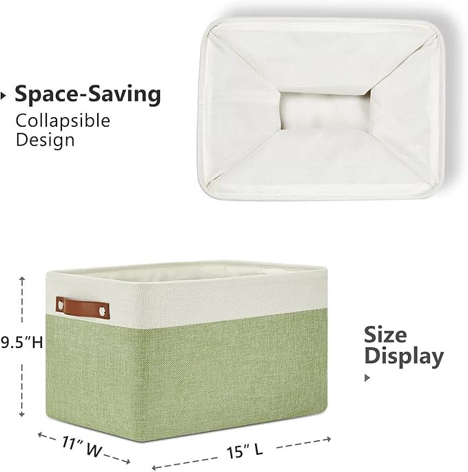 DULLEMELO Fabric Storage Bins for Laundry, Home, Foldable Storage Baskets for Shelves, Toys, Collapsible Storage Bins for Office,Bedroom(3-Pack Medium-15 inch X 11 inch X 9.5 inch , White&Green)