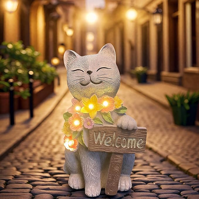 Solar Cat Garden Statue for Outdoor Decor, Cat Solar Light with Flowers, Resin Welcome Cats for Garden, Yard, Lawn Decor, Cats Lover Gifts for Women