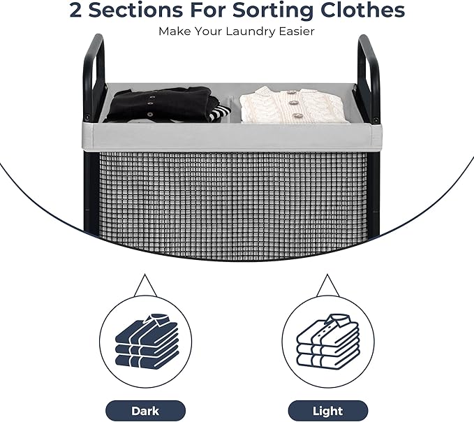 STO STO Laundry Hamper 2 Section, 100L Rolling Laundry Sorter Cart with Removable and Washable Liner Bag, Rolling Clothes Hamper with Metal Handle for Laundry Room and Bedroom, Gray