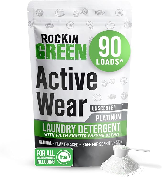 Rockin' Green Laundry Detergent, Plant based, All Natural Laundry Detergent Powder, Vegan and Biodegradable Odor Fighter, Safe for Sensitive Skin (Active Wear 90 Loads - Unscented)