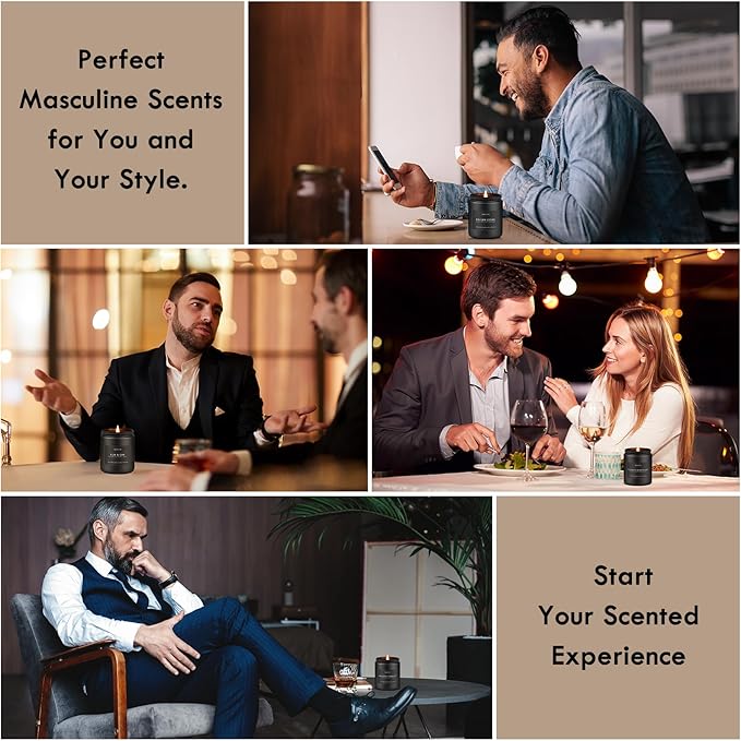 Scented Candles Set | Candle Gifts for Men - Masculine Candle, Soy Candles for Home Scented - 4 Pack Aromatherapy Gift for Dad Fathers Day- Scent of Teakwood & Mahogany/Whiskey Tobacco/Rum & Oak/Cedar