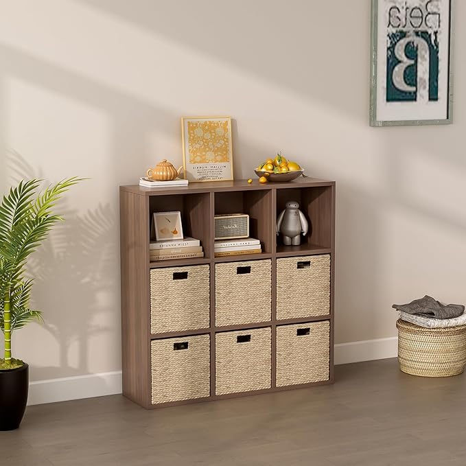 9-Cube Storage Shelf Bookcase - Wooden 3-Tier Floor Standing Open Bookshelf for Home and Office, Cuby Orgainzer, Walnut