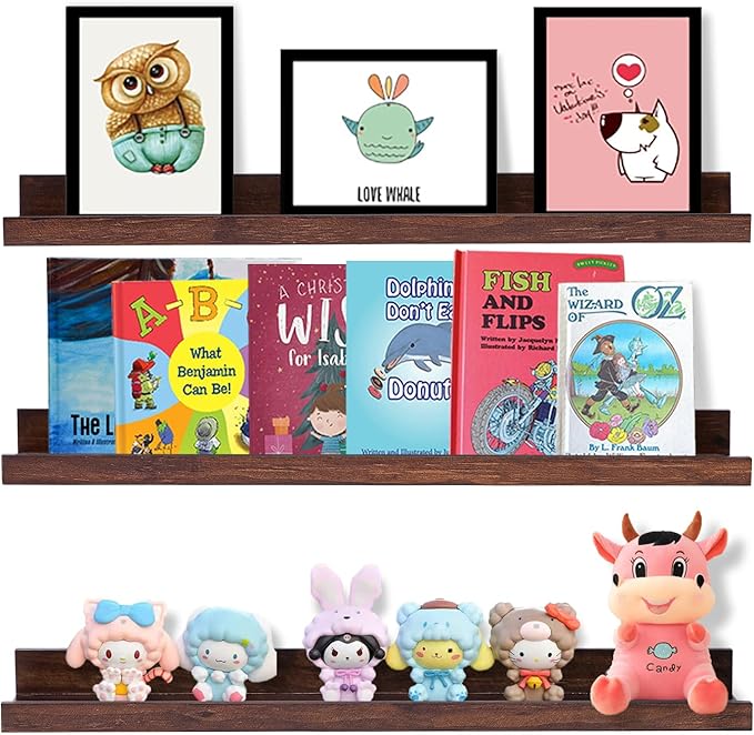 AZSKY Walnut Floating Shelves 24 Inch Picture Ledge Shelf for Wall Photo Shelves with Lip for Pictures Nursery Room Bookshelf Wood Wall Shelves Set of 3 for Bedroom Living Room Bathroom Kitchen