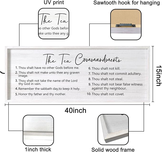 The Ten Commandments Rustic Bible Verse Framed Wall Art, 40''×15'' Positive Religious Christian Saying Sign for God Jesus Christ Prayer, Vintage Horizontal Holy Inspirational Catholic Scripture Decor