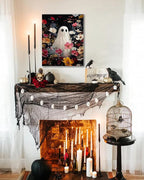 Halloween Canvas Wall Art,Vintage Cute Ghost & Wildflowers Framed Poster, Spooky Fall Decorations for Indoor, Gothic Dark Academia Wall Decor, Funny Halloween Decorations for Living Room Bedroom