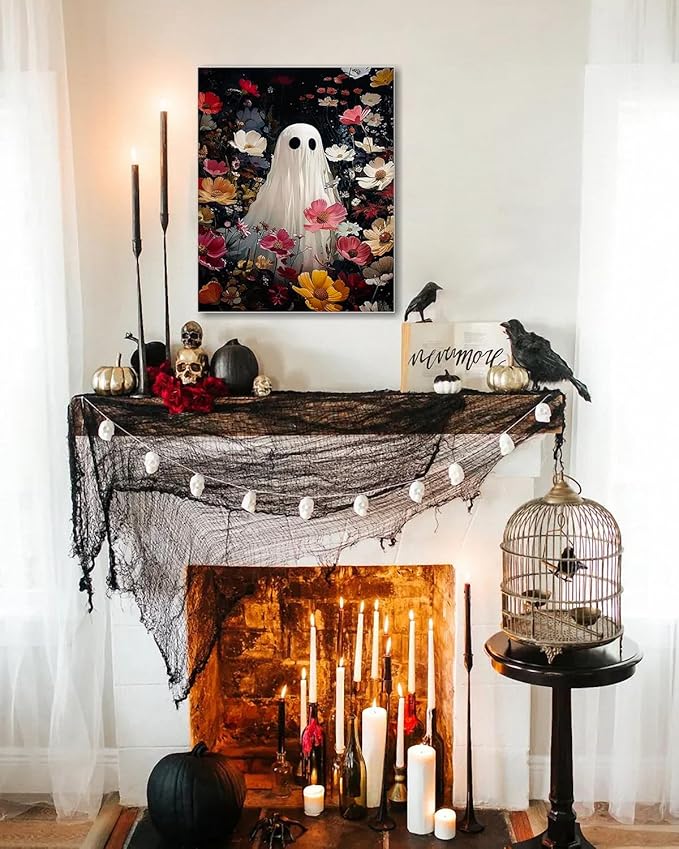 Halloween Canvas Wall Art,Vintage Cute Ghost & Wildflowers Framed Poster, Spooky Fall Decorations for Indoor, Gothic Dark Academia Wall Decor, Funny Halloween Decorations for Living Room Bedroom