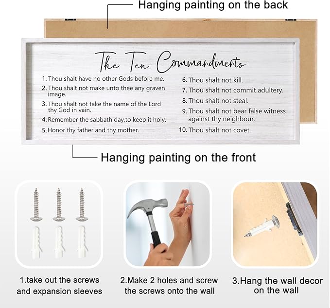 The Ten Commandments Rustic Bible Verse Framed Wall Art, 40''×15'' Positive Religious Christian Saying Sign for God Jesus Christ Prayer, Vintage Horizontal Holy Inspirational Catholic Scripture Decor