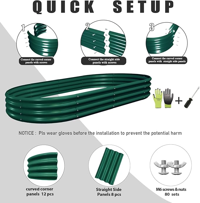 2 Pack 8x4x1FT Galvanized Raised Garden Bed Kit Oval Metal Ground Planter Box Outdoor Bottomless Planter Raised Beds for Vegetables Flowers Herbs Fruits, Green