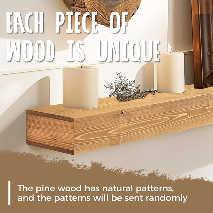 60x8x3 Fireplace Mantel - Handcrafted Hollow Rustic Solid Wood Wall Mounted Floating Shelf with Invisible Heavy Duty Wood Bracket (Natural Wood)