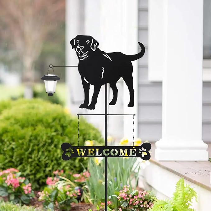 BAYN Solar Labrador Silhouette Dog Breed Welcome Sign with a Lantern Outdoor Decorative Garden Stakes for Yard, Lawn, Patio, Pathway