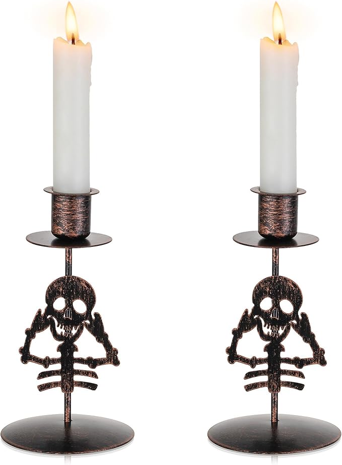 Romadedi Candle Holder for Halloween Decor: Set of 2 Black Gothic Skull Taper Candlestick Table Centerpiece Decorations Spooky Party Dinning Room Home Indoor