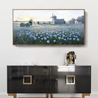 amatop Large Framed Country Landscape Wall Art – Blue Floral Canvas Art Print Vintage Rustic Farmhouse Picture Sunset Nature Artwork Wall Decor for Bedroom Dining Room Office Entryway 48x24 Inch