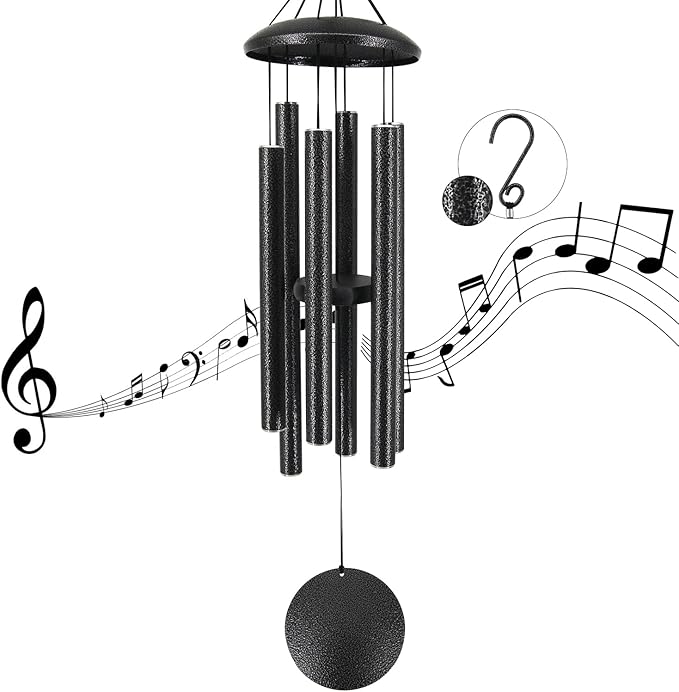 Sympathy Memorial Wind Chimes, 36' with 6 Metal Tubes, Outdoor Deep Tone for Garden, Christmas Hanging Decor - Black Grey