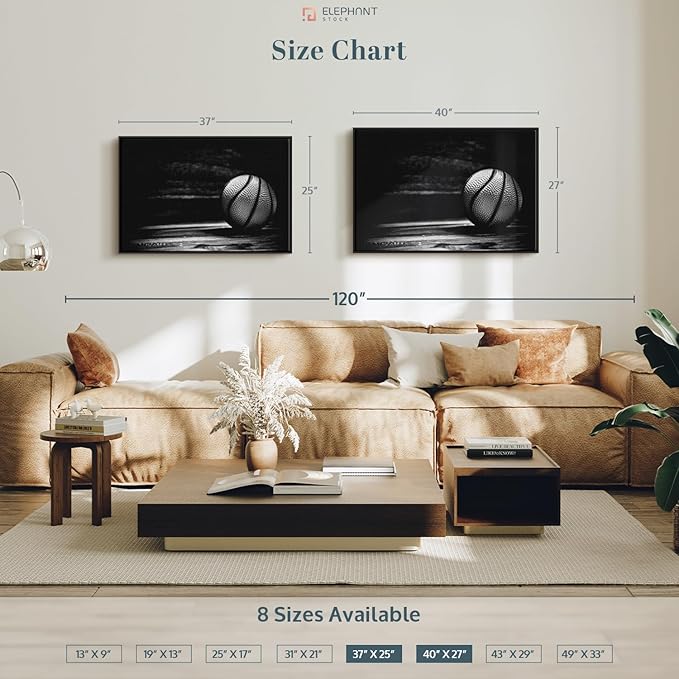 ElephantStock Basketball Wall Art - Horizontal Framed Canvas - 1-Piece Hallway Wall Decor - Photography sports Canvas Print - Black and Gray Decor for Wall - 40" X 27"
