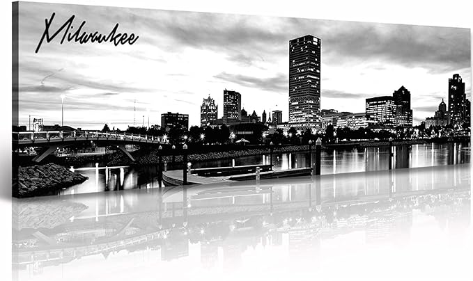 DJSYLIFE Milwaukee Skyline Wall Art Black and White Stretched Canvas Wall Art Prints for Bedroom or Office Decoration Ready to Hang 13.8" x 47.3"