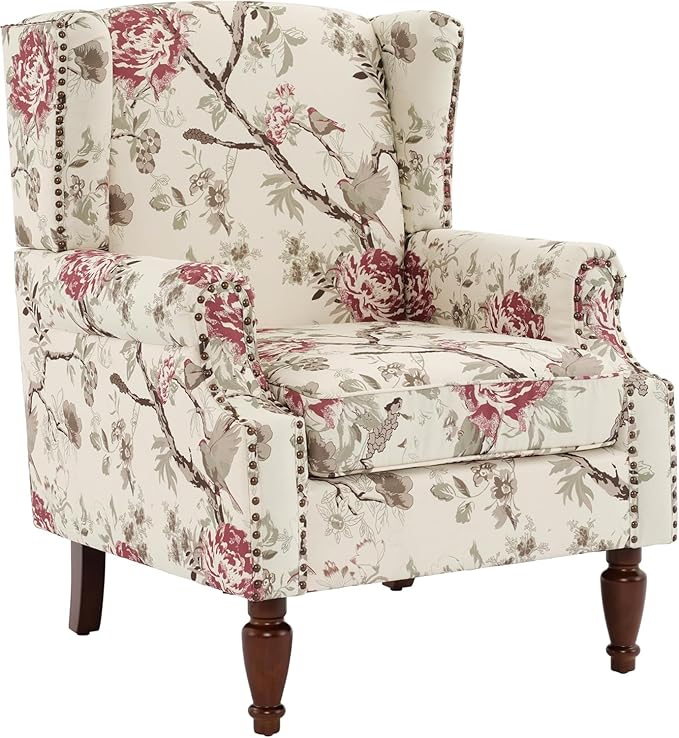 UIXE High Back Accent Chairs Set of 2, Fabric Upholstered Armchair for Living Room, Retro Printed Wingback Arm Chair Rivet Trimed Single Sofa Bedroom Reading Seat - Beige Floral