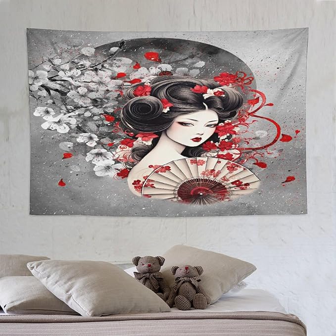 Japanese Geisha Tapestry Asian Red Cherry Blossom Red Sun Traditional Kimono Folk Tapestries Home Decor for Living Room Bedroom Apartment Farmhouse Dorm 90"x60"