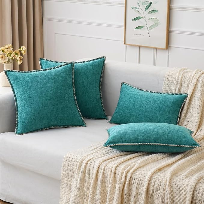 MIULEE Pack of 2 Couch Throw Pillow Covers 12x20 Inch Teal Farmhouse Decorative Pillow Covers with Stitched Edge Soft Chenille Solid Dyed Spring Pillow Covers for Sofa Bed Living Room