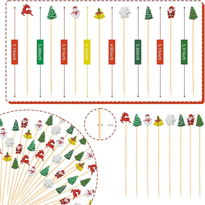Christmas Cocktail Picks Toothpicks Fruit Dessert Sticks Food Sandwich Appetizer Charcuterie Skewers for Xmas Tree Snowman Elk Snowflake Christmas Decorations Themed Party Supplies, 5", 100 Count