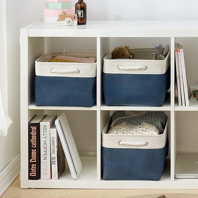 TheWarmHome Storage Bins for Shelves - 1 Pack 15.7x11.8x8.3 inch Fabric Storage Cubes, Storage Basket for Organizing Gift Laundry Cloth Toy Room (White & Jean Blue)
