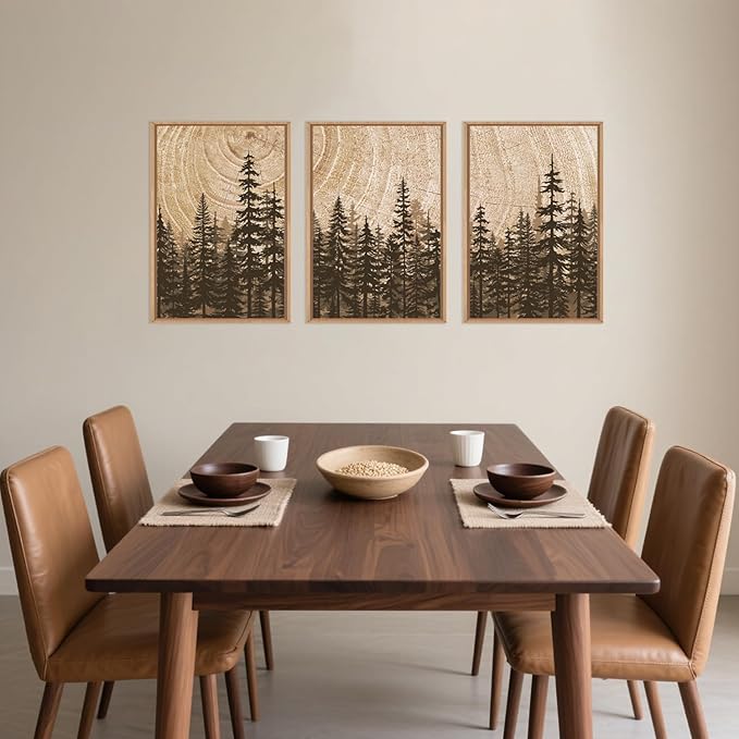 Pine Tree Framed Canvas Wall Art Set, Natural Woodland Landscape Wall Decor, Large Retro Forest Painting, Vintage Brown Artwork for Living Room, Bedroom, Kitchen, Study, Office - 16"x24"x3