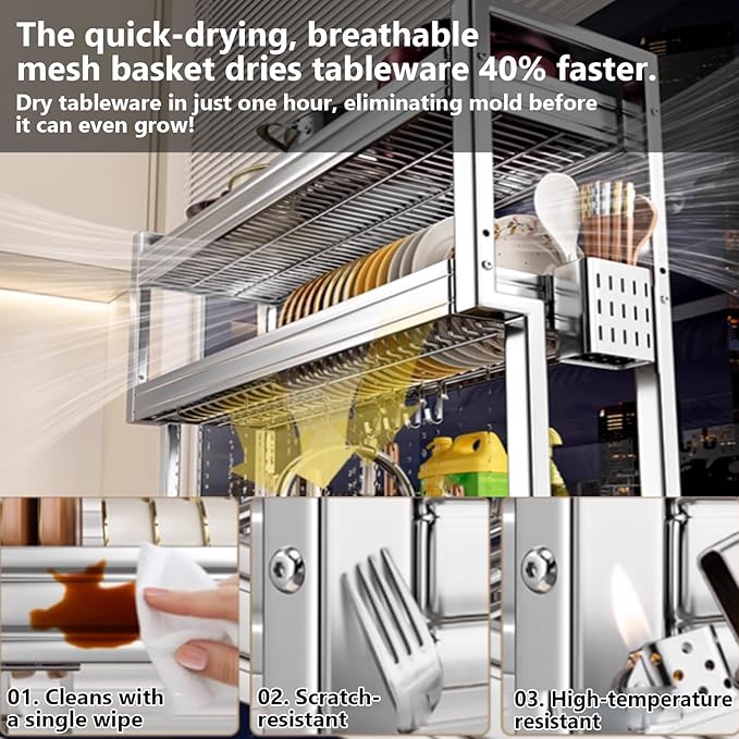 Kitchen Sink Rack Sink Above The Dish Drain Dish Washing Rack Stainless Steel Multifunctional Dish Storage Rack,Over The Sink Drying Rack for Dishes(2,65cm/25.6in)