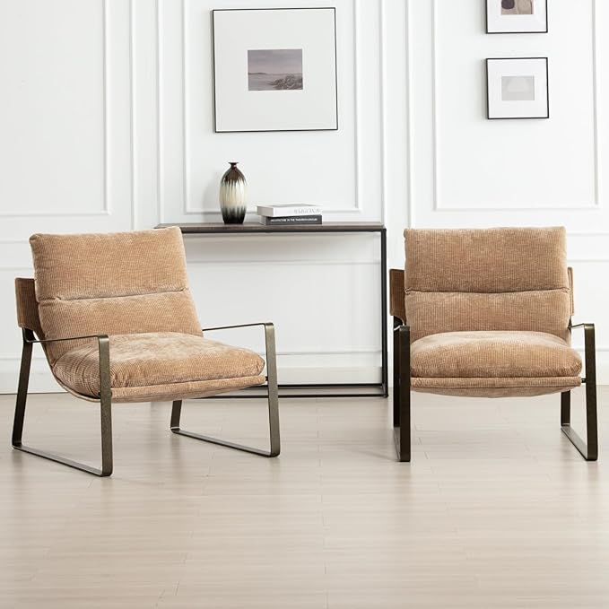 DUOMAY Mid-Century Accent Chairs Armchair Set of 2, Comfy Chenille Leisure Chairs Lazy Chairs with Brozen Metal Leg for Living Room Bedroom Office Apartment, Khaki