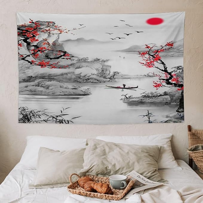 Cherry Blossoms Tapestry, Japanese Red Landscape Watercolor Abstract Art, Asian Japanese Wall Tapestry, Nature Landscape Tapestries for Bedroom Living Room Decor 60"x40"