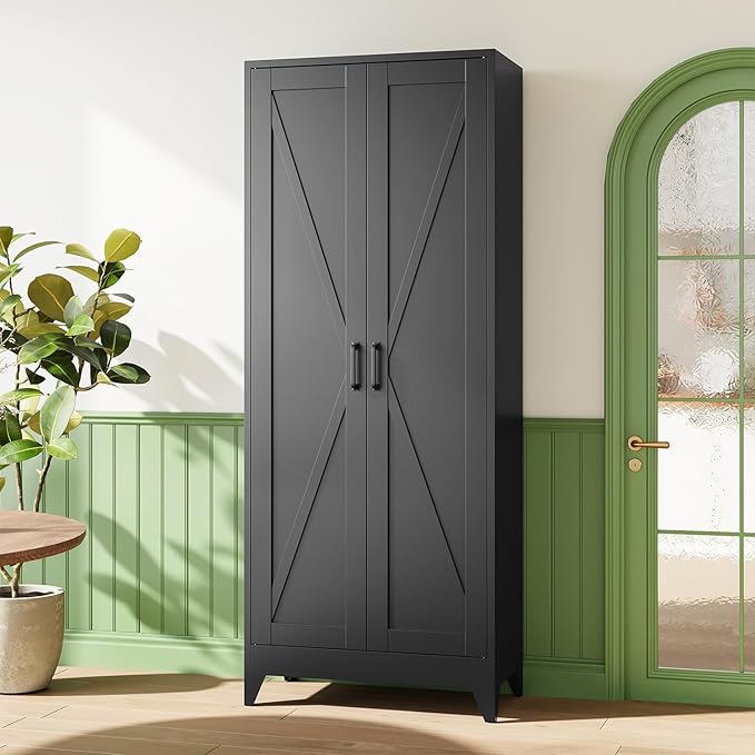 Letaya Storage Cabinet,75" H Metal Kitchen Pantry Cabinets with Doors and Adjustable Shelves,Pantry Organizers for for Cupboard/Dining/Bathroom/Office/Garage Room,Black