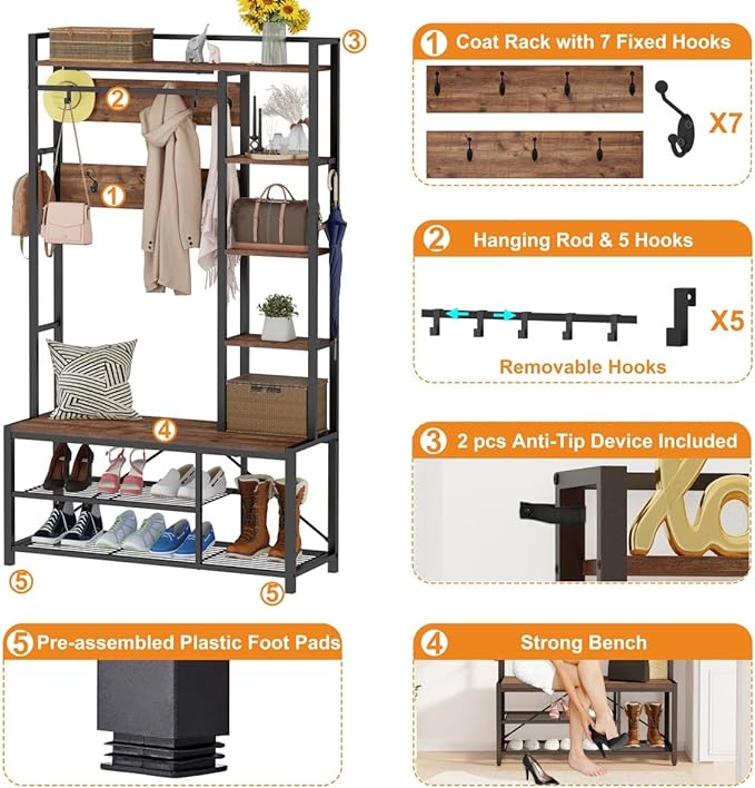 BON AUGURE Hall Tree with Shoe Storage, 5-in-1 Reversible Entryway Bench with Coat Hooks for Hallway, Rustic Wood and Metal Coat Rack with Shelves for Mudroom (Rustic Oak)