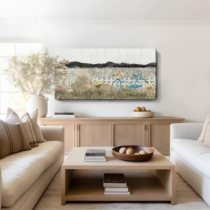Large Wall Art for Living Room Farmhouse Wall Decor, Modern Boho Vintage Organnic Country Rustic Cottagecore Neutral Landscape Artwork with Mountains Bicycle Flower, Floral Picture Bedroom Kitchen