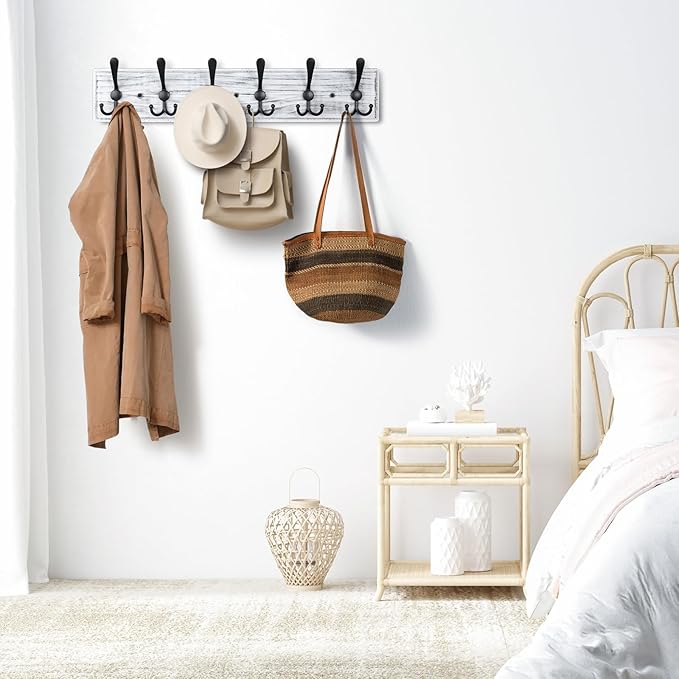 Coat Rack Wall Mount, Wooden Heavy Duty Coat Rack for Wall,6 Triple Coat Hanger Hooks for Hanging Coats,Jacket,Hat,Clothes (Grey White, 6 Hooks)