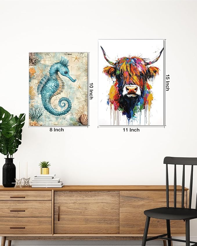 Nautical Seahorse Canvas Wall Art Sea Horse Ocean Theme Print Poster Coastal Framed Picture Painting for Home Beach House Bedroom Wall Decor 8x10 Inch