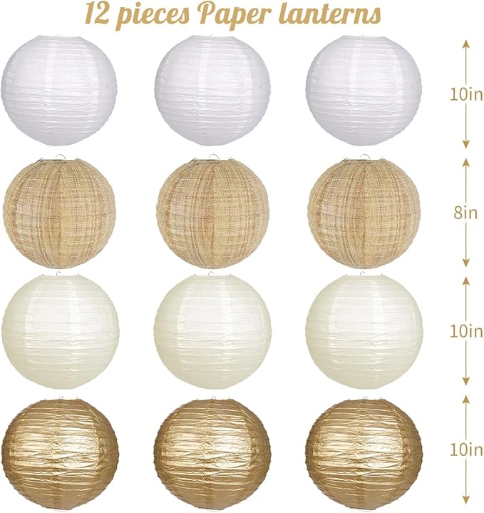 Paper Lanterns Gold White Round Hanging Chinese Lanterns for Wedding Birthday Party Boho Baby Shower Decorations Pack of 12