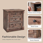 26" Tall Farmhouse Nightstand, 3 Drawers End Table w/Charging Station, 23.6" Wide Large Side Table w/Roman Column, Wood Rustic Sofa Table for Bedroom, Light Brown