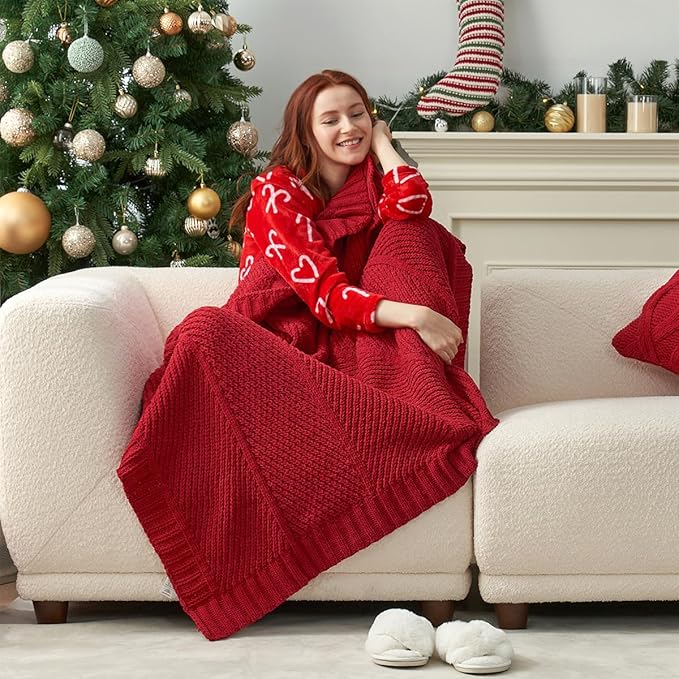 Amélie Home Chenille Knit Throw Blanket for Couch, Chevron Texture Decorative Soft Blanket for Sofa, Bed & Chair, 50"x60", Red