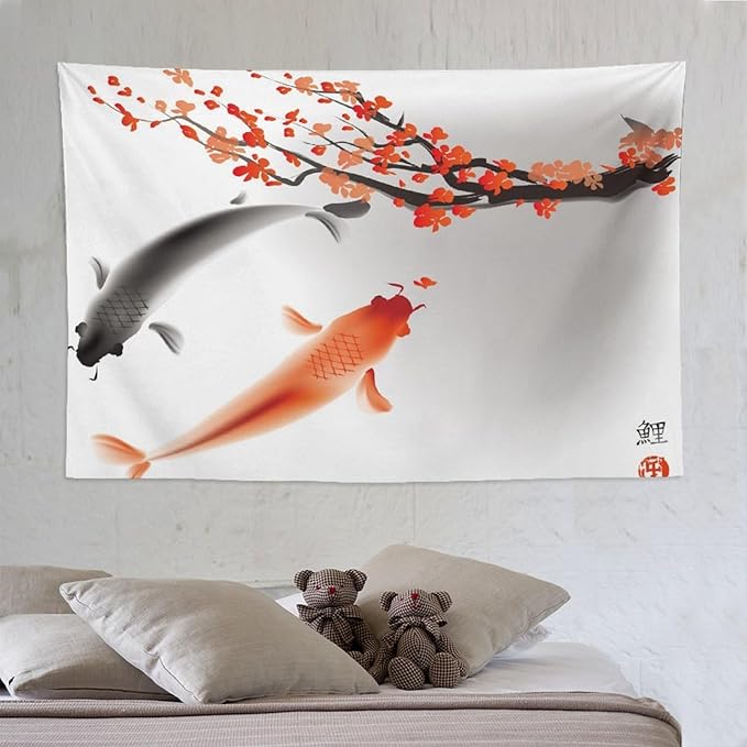 Houselerax Japanese Koi Fish Tapestry, Cherry Blossoms Asian Oriental Flower Branch Koi Fish Carp Tapestries Wall Hanging for Bedroom Living Room Office Decor 90"x60"