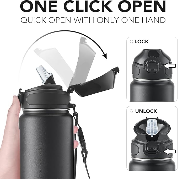 Enerbone 32 oz Insulated Water Bottle, Stainless Steel Bottle with Carrying Strap, Double-Wall Vacuum Insulation Design, Leakproof Sports Bottle with Straw, Keep Drinks Cold or Hot for Hours
