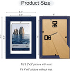 4x6 Picture Frame Set of 4, 4 x 6 Wood Photo Frames with Mat for 3.5x5, Natural Wooden Frame with Real Glass Cover for Wall and Tabletop Display,Blue