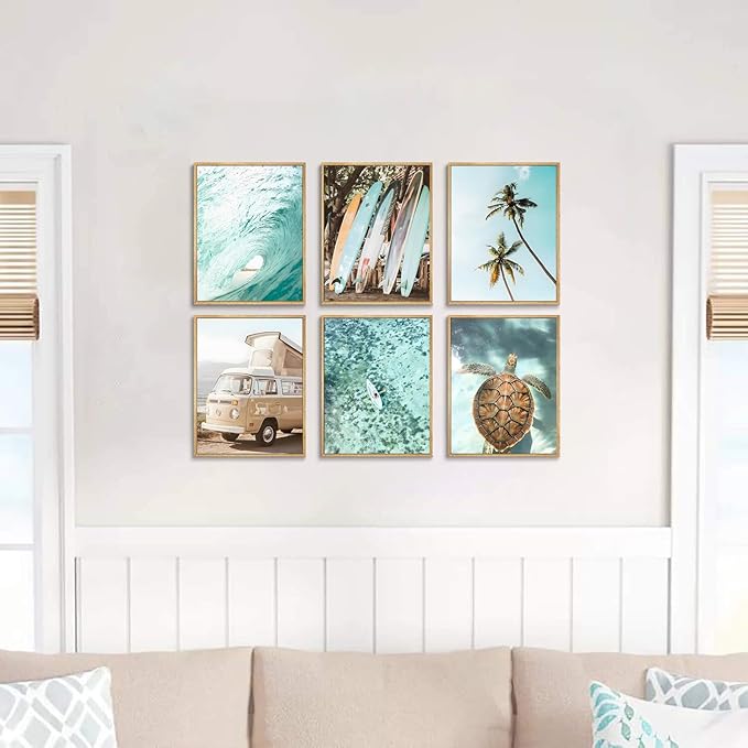 Laywhq Coastal Beach Wall Art Summer Ocean Surf Tropical Canvas Wall Decor Summer Nautical Palm Tree Turtle Surfboard Bus Room Paintings Prints Posters for Bedroom Living Room Set of 6 8x10in Unframed