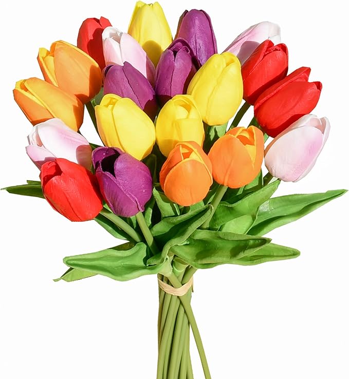 Mandy's Artificial Tulips 20 Stems Multicolor PU Faux Flowers for Wedding Home Decor 13.5 Inch