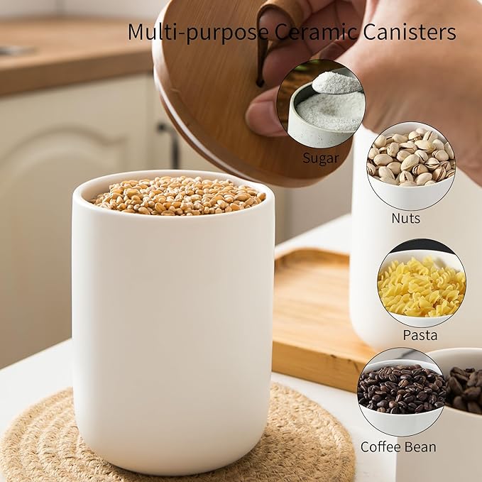 Ceramic Canister Set for Kitchen, 3pcs White Ceramic Kitchen Canisters for Countertop with Airtight Wood Lids, Large Flour and Sugar Containers for Coffee, Tea, Spice