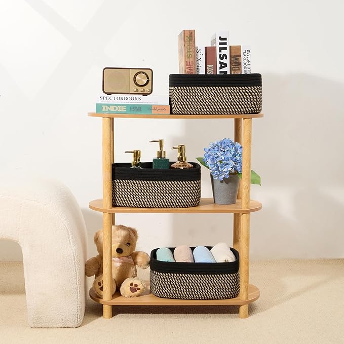 Small Storage Baskets for Organizing | Closet Organizer Bins | Shelf Toy Basket | Woven Rope Baskets | Cube Decorative Box | Shallow Basket | 13x8.5x5.1” | 4 Packs Black Brown