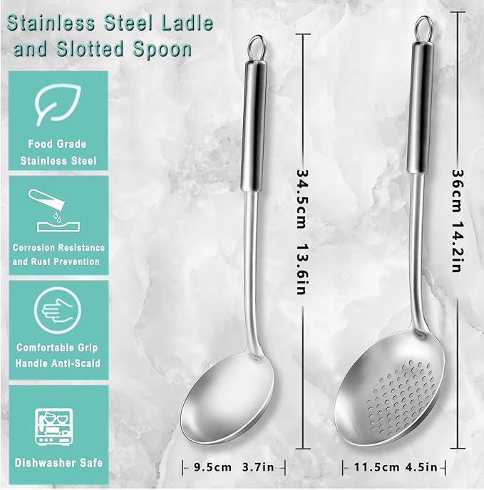 Pleafind 2-Pcs Ladle and Slotted Spoon, Soup Ladle and Strainer Spoons, Stainless Steel Cooking Spoon and Skimmer Spoons, Kitchen Utensils, Wok Utensils for Home and Restaurant, Dishwasher Safe