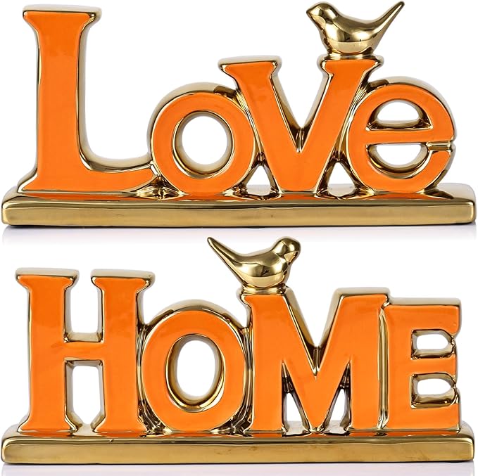 Love Sign Decoration - Orange & Gold Signs for Home Decor, Personalized Love Decor with Gold Bird Sculpture (2 Pcs)
