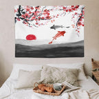 Japanese Koi Fish Tapestries, Cherry Blossoms Asian Oriental Flower Branch Koi Fish Carp Tapestry Wall Hanging for Bedroom Living Room Office Decor 40"x30"