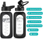 32 oz Glass Water Bottle with Straw and Handle, Sports Motivational Water Flask with Silicone Sleeve, Large Leakproof Water Flask Cup with Time Marker for Travel, Gym, Dark Purple