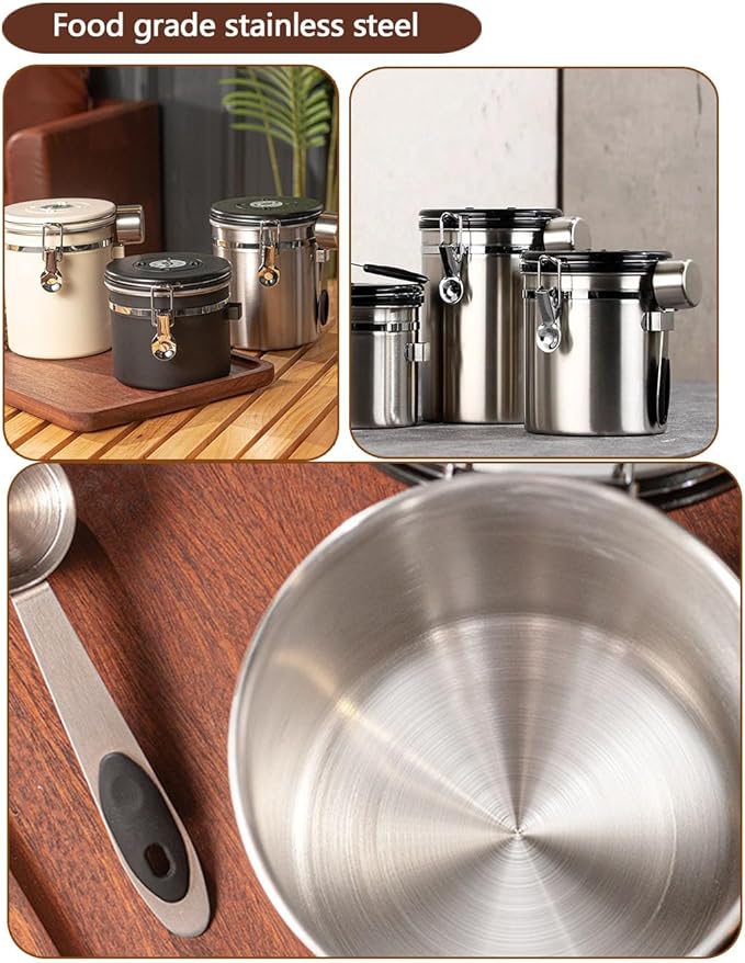 Coffee Canister Airtight Storage Container 1.8L Stainless Steel Air Tight Coffee Jar with Scoop, Date Tracker CO2 Release Valve for Dry Food, Beans, Ground, Tea, Flour, Cereal and Sugar (Silver)